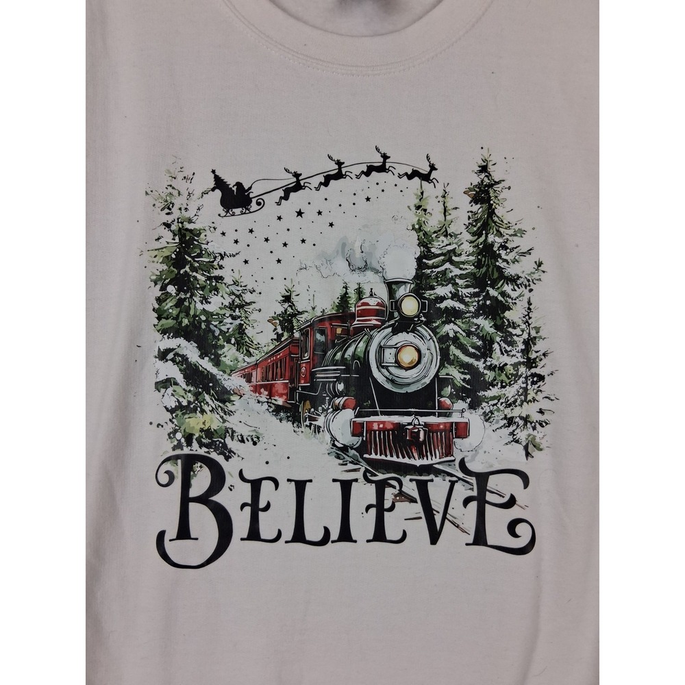 Christmas Sweatshirt Adult L White Believe Train Polar Express Whimsy Holiday